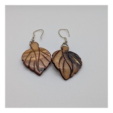 Carved Natural Brown Shell Leaf Dangle Earrings Boho Bohemian Silver Tone Hooks