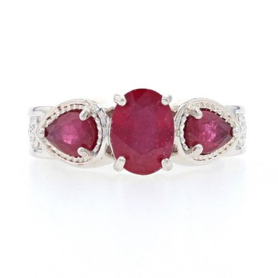 Sterling Silver Lead Glass Filled Ruby Ring - 925 Oval & Pear Cut 2.50ctw