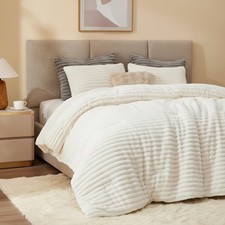2" Solid Channel Luxury Faux Fur Comforter 3 Piece Queen Set