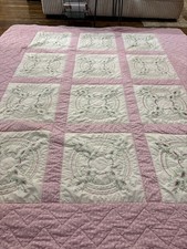 Quilted Pink White Cottage Core Quilt with Floral Embroidery 84 x 102