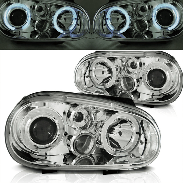 LED Angel Eyes Scheinwerfer Set Chrom FüR VW Golf 4 09.1997–09.2003 + Nebellicht-image