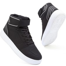 Motorcycle Boots for Men High Top Riding Shoes with Ankle Strap, Black/White