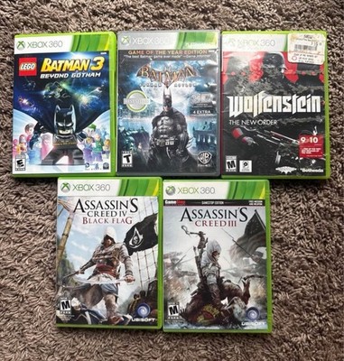 Lot of 5 XBOX Games, Assassins Creed, Batman, Wolfenstein