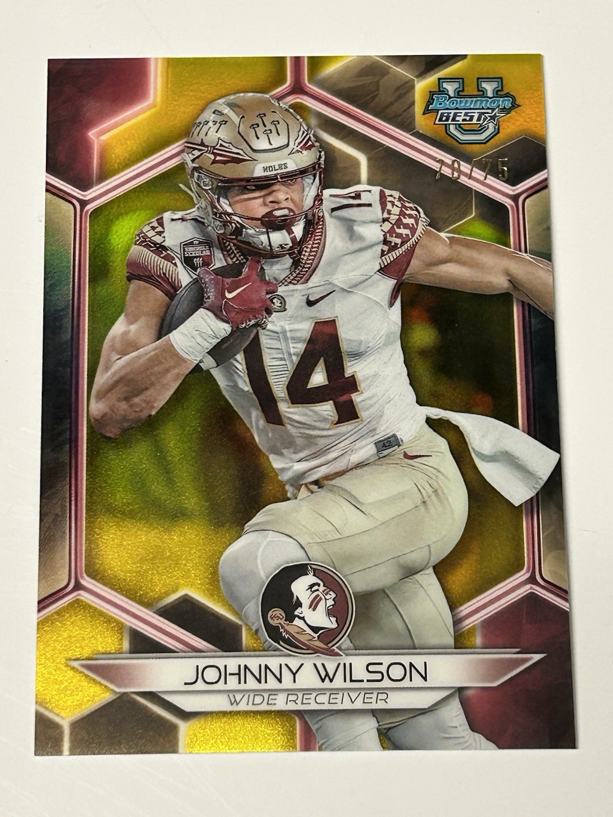 2023 Bowman's Best University - Johnny Wilson #43 Yellow Refractor 74/75 (RC)