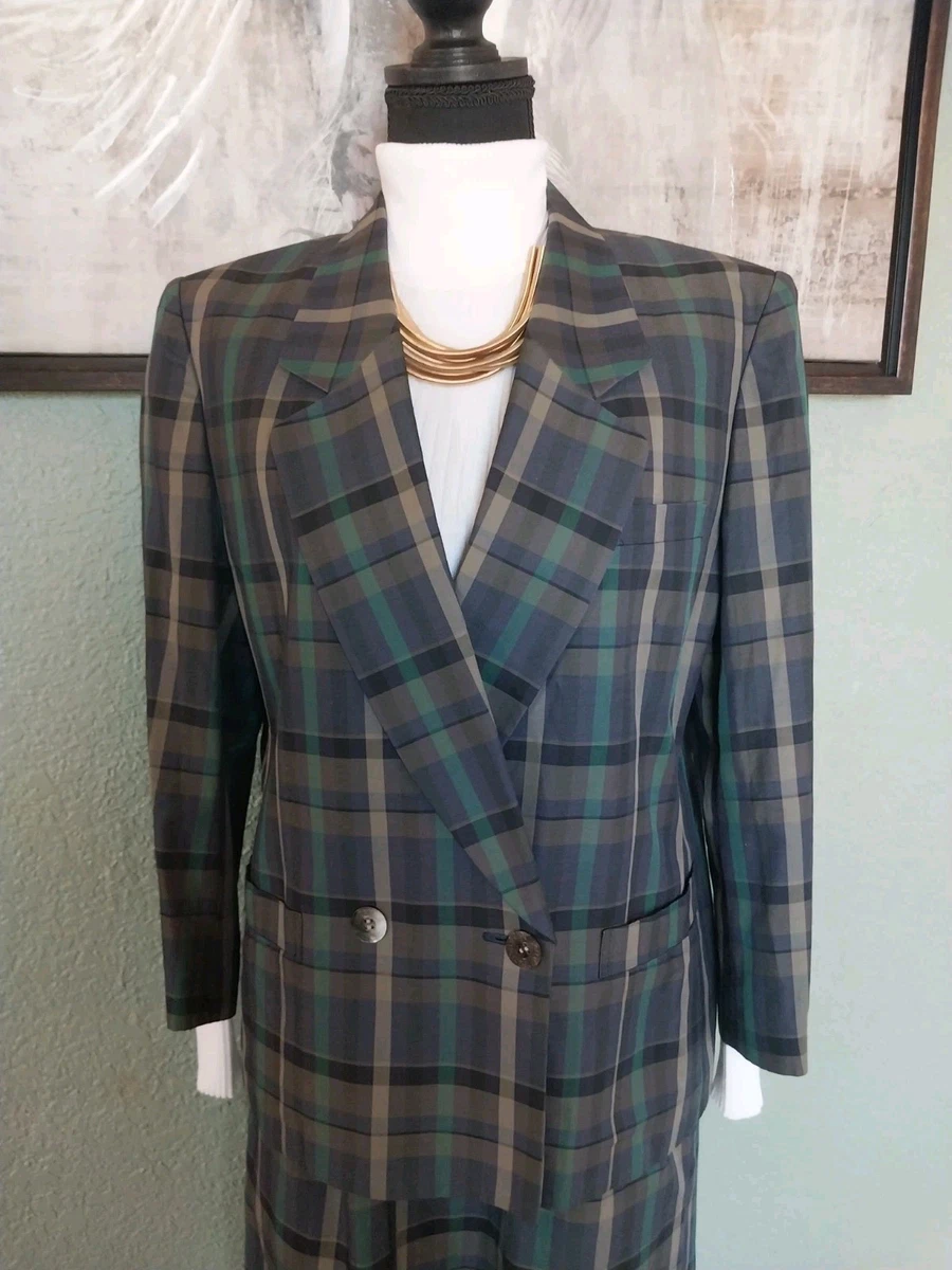 Conjunto de Traje Falda a Cuadros Burberrys Años 90 De Colección Blazer Doble Pecho Azul Verde 13BR