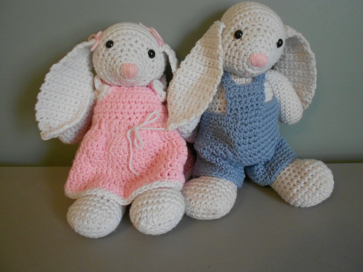 Hand Crocheted Girl Easter Bunny in Pink Dress & Boy Easter Bunny in  Overalls