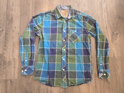 Red Camel Mens M Flannel Shirt 100% Cotton Plaid Blue Green Navy Long Sleeve