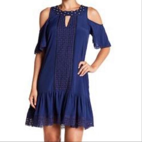 Hale Bob Cold Shoulder Short Sleeve Eyelet Dress Blue White XS NWT 7YLN6459 - Picture 1 of 6