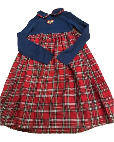 Vintage Plaid Girls Day Dress Knit Blue Red Peter Pan 6X