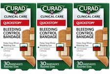 Curad QuickStop Flex-Fabric Bandages, Clotting Tech, Assorted, 30 Count, 3 Pack