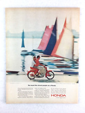 HONDA Motorcycle Vintage 1964 PRINT AD Couple Riding Waterfront Sailboats