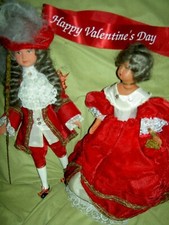 French, labeled SNF 1930s, PAIR 15" jointed celluloid extravagant costume dolls