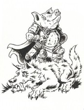 Pig-vs-The Big Bad Wolf-Fantasy Toon Illustration-OOAK Ink Drawing-Original Art