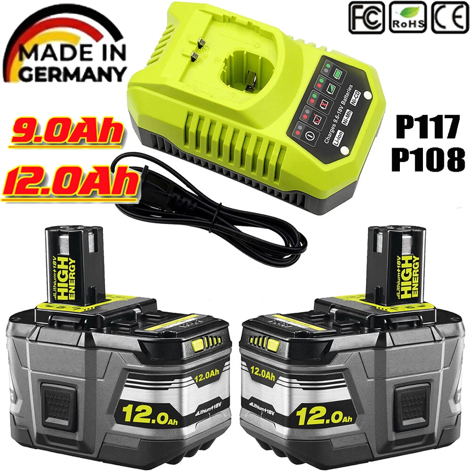 2X 18V Original Akku 12,0Ah für RYOBI One Plus Lithium RB18L50 P108 / Ladegerät