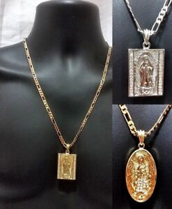 Hip Hop Iced Out Necklace Virgin Mary Jesus Circle Pendant Crystal Figaro Chain