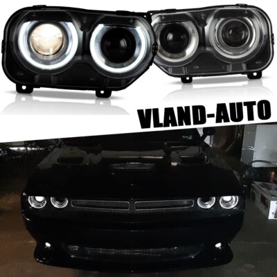 Black Pair Xenon Projector Headlight W/ LED DRL For 2015-2023 Dodge Challenger