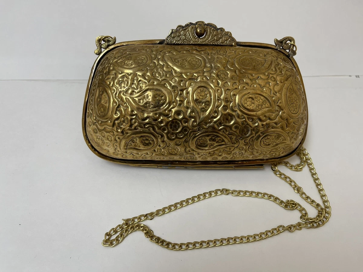 RARE Hard METAL bridal bag clutch With Chain Lined