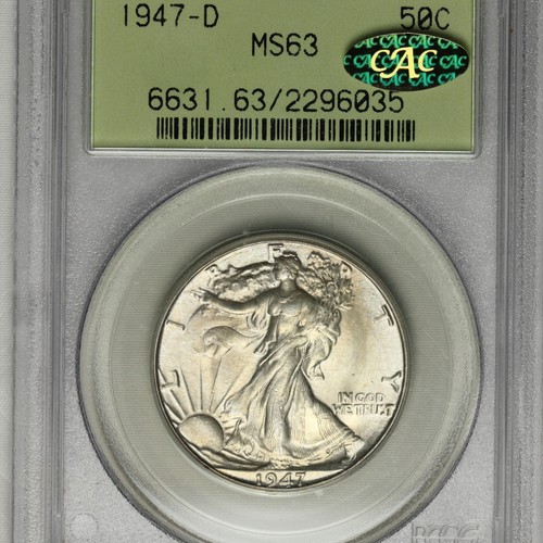 * GOLD CAC * 1947-D 50c PCGS MS 63 OGH Old Green Holder Walk Liberty Half Dollar