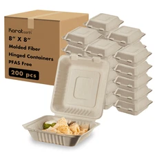Karat Earth 8'' x 8'' Paper Hinged Containers, PFAS Free, Molded Fiber - 200 pcs