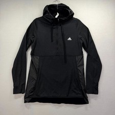 Adidas Half Zip Hoodie Womens Large Black Climawarm Thumb Holes Logo Drawstring