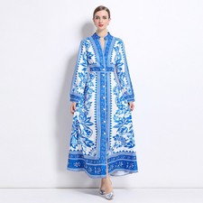 Vintage Floral Baroque Print Collar Belt Long Sleeeve Women Casual Shirt Dresses