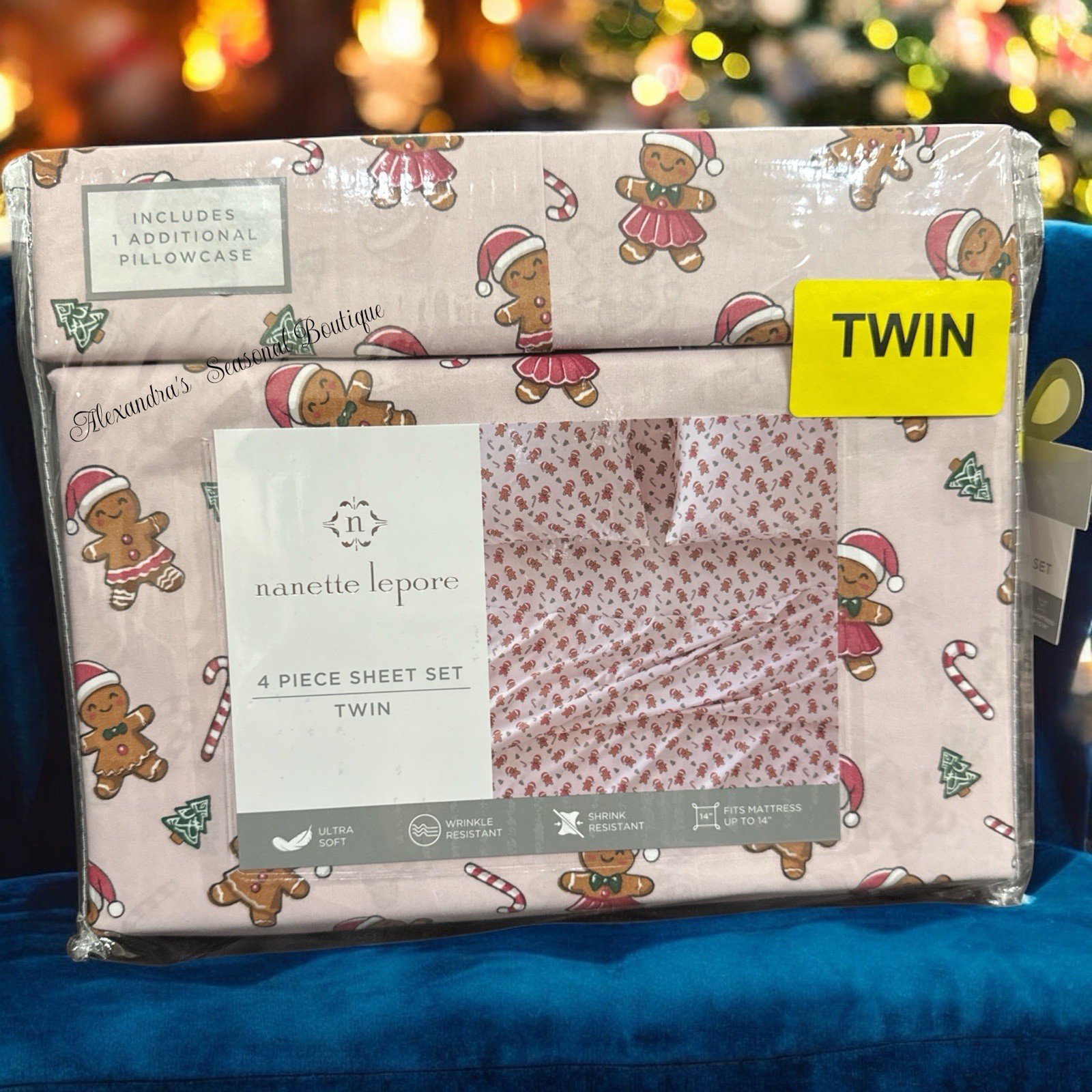 Nanette Lepore Shabby Chic Christmas 4 PC Twin Sheet Set Gingerbread Candy Cane