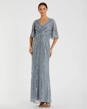 MAC DUGGAL 93583 SEQUINED V-NECK CAPE SLEEVE COLUMN SLATE BLUE GOWN 18
