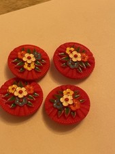 Vintage Red Floral Glass Buttons 22mm X 4 Used