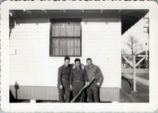 WW2 Photo of Three Soldiers Standing Arm in Arm Beside Barracks Building