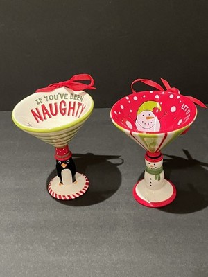 Tipsy Tini Martini Glasses ''Naughty'' Penguin and ''Let if Flow'' Snowman Set of 2