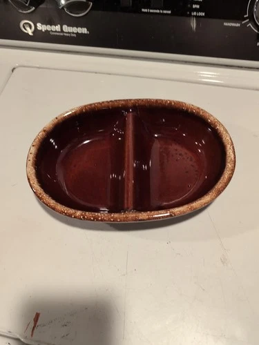 VINTAGE HULL POTTERY BROWN DRIP GLAZE DIVIDED SERVING BOWL DISH OVEN PROOF USA