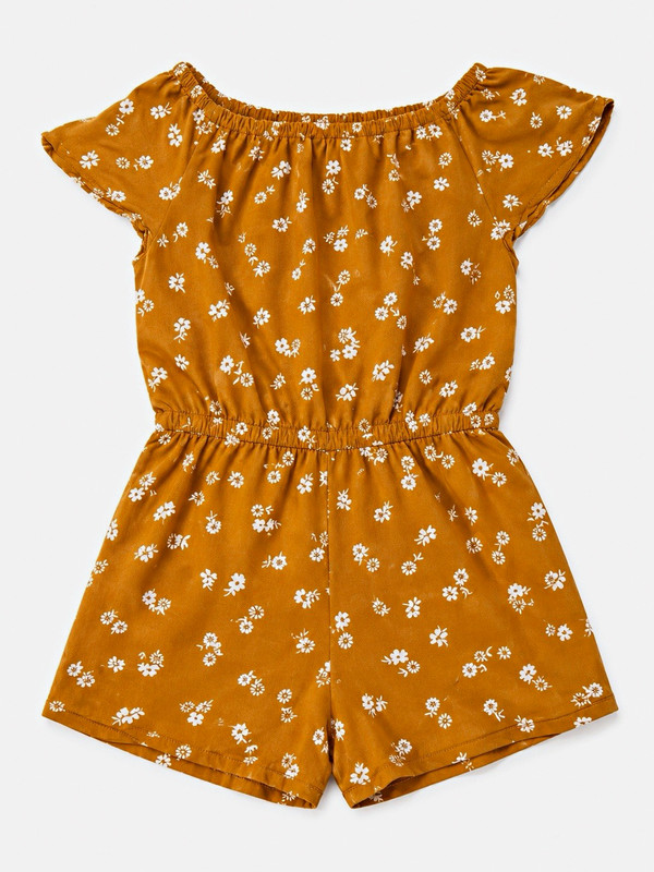 Girls Orange White Floral Off the Shoulder Short Sleeve Romper Size M