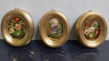MINIATURE TRIS HAND PAINTED On Canvas OVAL wooden frame GOLD LEAF 11X13 CM..