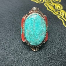 Wonderful Vintage Tibetan Coral And Turquoise Stone Old Brass Beautiful Ring
