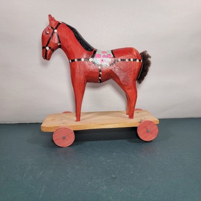 HANDMADE POLAND FOLK ART WOOD HORSE DALA TOY Wheeled Pull Toy Carved Red Sweden