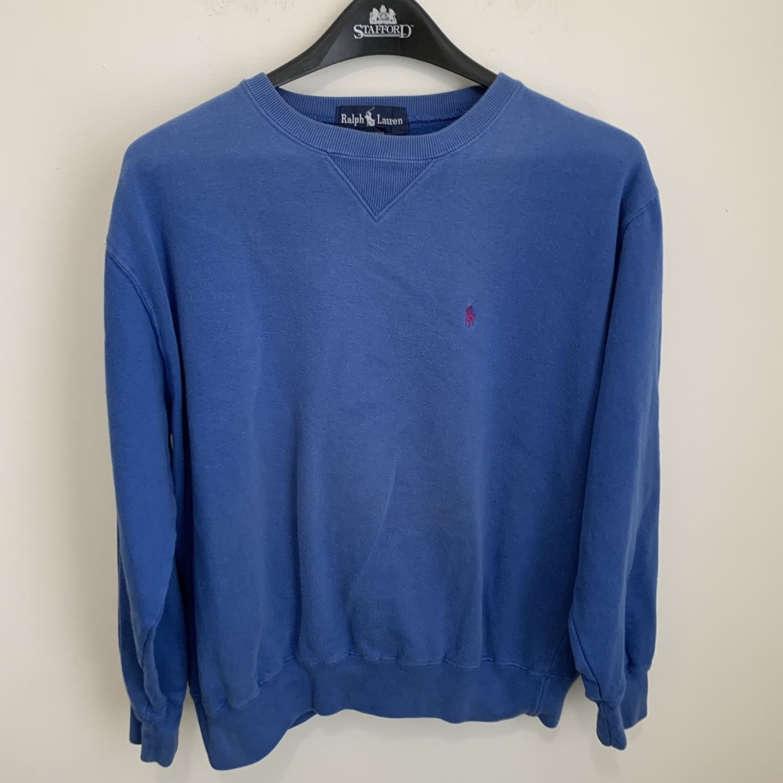 Felpa girocollo Ralph Lauren rosa pony pile blu uomo M pullover vintage