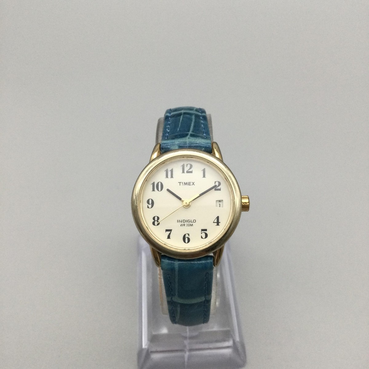 Timex Indiglo Womens Watch 25mm Gold Tone Blue Leather Band Date