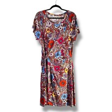 Talbots Sz XL Botanical Citrus Floral Print Tie Side Faux Wrap Cotton Dress Work