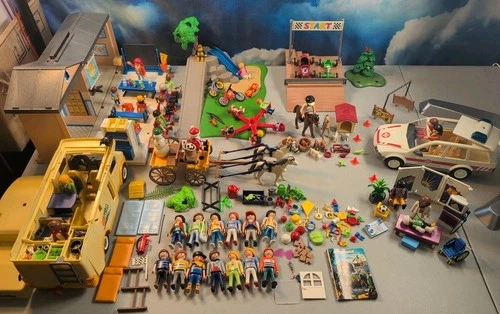 Huge Lot of Vintage Playmobil Figures, School, Go-Kart, RV Camper, Ambulance