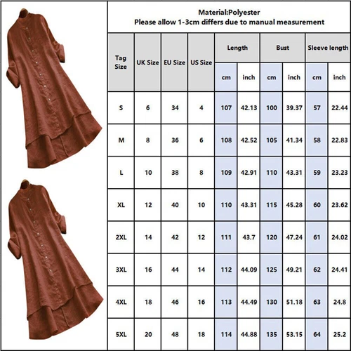 Mujeres Informal Algodón Lino Camisa Vestido Retro Botón Suelto Túnica Blusa Prendas para el torso Playa - Imagen 8 de 40