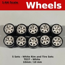 5 Sets - White TE37 6 spoke Real Riders JDM Wheel Sets-1/64 for Hot Wheels