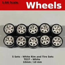 5 Sets - White TE37 6 spoke Real Riders JDM Wheel Sets-1/64 for Hot Wheels