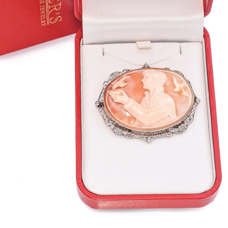 Antiguo broche colgante camafeo cazador de pájaros de oro blanco Foto 3 de 4