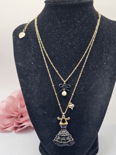 Betsey Johnson Black Dress Pendant Bow Pearl Heart 2 Chain Necklace Signed 17"