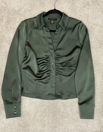 House of Harlow 1960 Button UP Top Womens small Satin Long Sleeve blouse GREEN - Picture 18 of 18