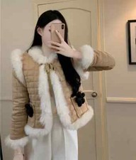 Piumino Parka Giacca Donna Sintetico Pelliccia Beige Corto Cappuccio 42880