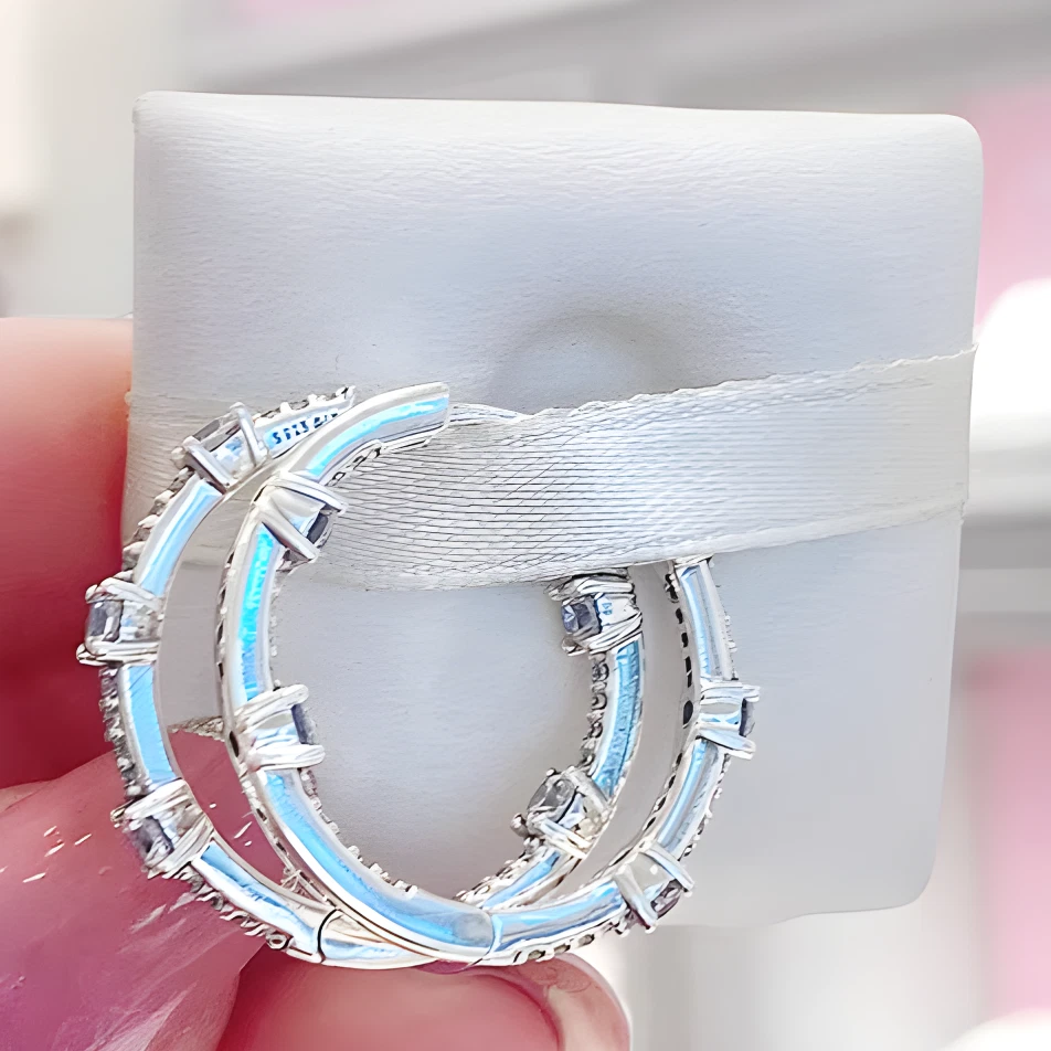 New Authentic 100% 925 Sterling Silver Sparkling Pavé Bars Hoop Earrings - Image 4 of 4