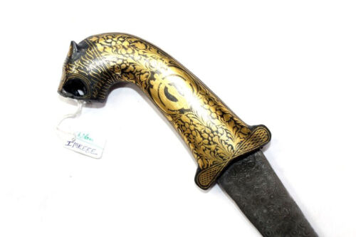 Sikh Katar Dolchmesser Damaststahl Klinge reines Gold Koftgari Inlay Arbeit H850 - Bild 2 von 10