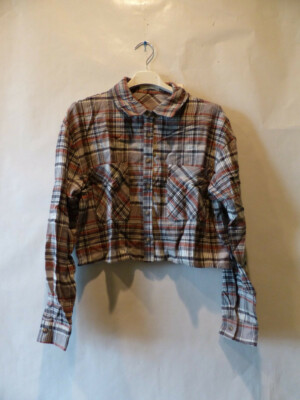 TIMING WOMENS CROPPED LONG SLEEVE NO CLOUDY DAYS PLAID TOP CHARCOAL/COMBO SIZE S
