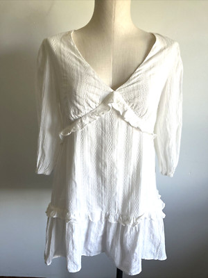 LUSH Size Small 3/4 Sleeve White Cotton Lined V-Neck Keyhole Ruffle Tunic Top